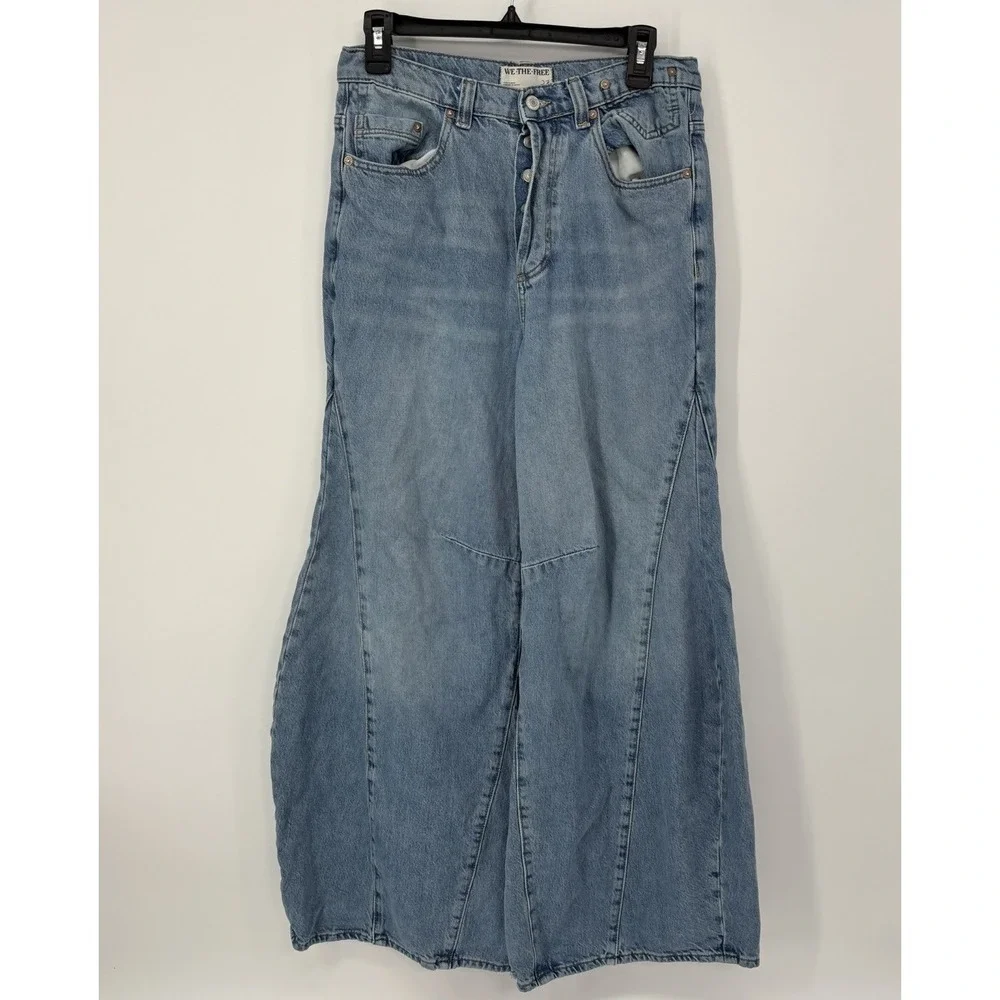 We The Free Eden High Rise Slouchy Wide Leg Jeans Womens 27 Blue Button Fly Boho